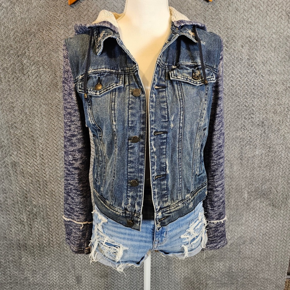 Free People Womens Mixed Media‎ Hooded Denim Jacket Blue Purple Distressed Small - Picture 1 of 9